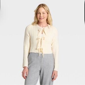 Women's Long Sleeve Bow Cardigan Sweater - A New Day™ Cream XL